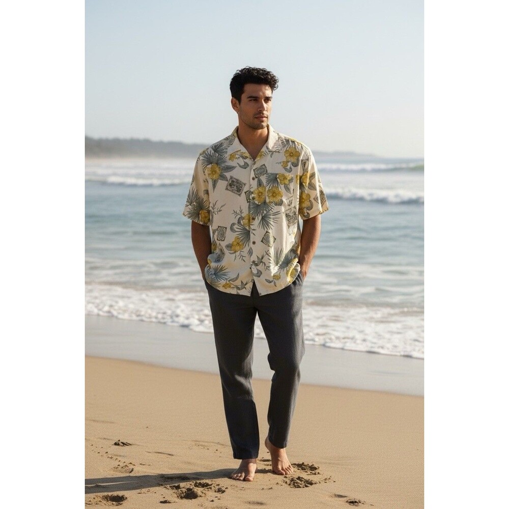 Men’s Banana Cabana Short Sleeve Floral Green 100% Silk Shirt XL Regular